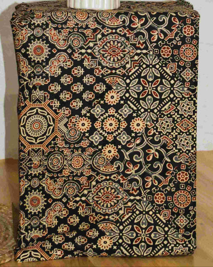 Black AJRAK Printed Unstitched Cotton Suit Set with Kota Doria Dupatta