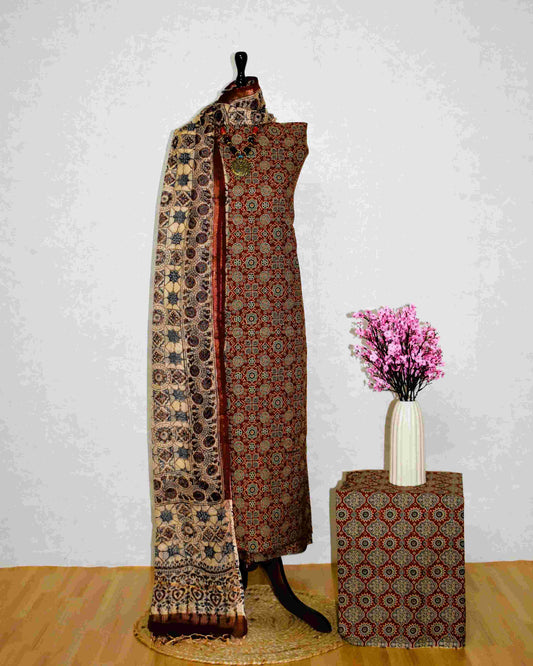 Red AJRAK Printed Unstitched Cotton Suit Set with Kota Doria Dupatta