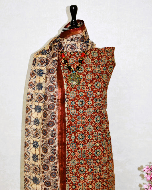 Red AJRAK Printed Unstitched Cotton Suit Set with Kota Doria Dupatta