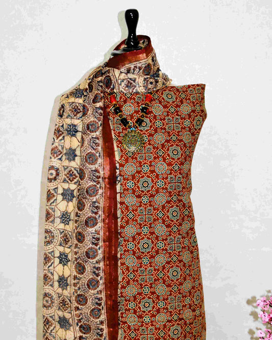 Red AJRAK Printed Unstitched Cotton Suit Set with Kota Doria Dupatta