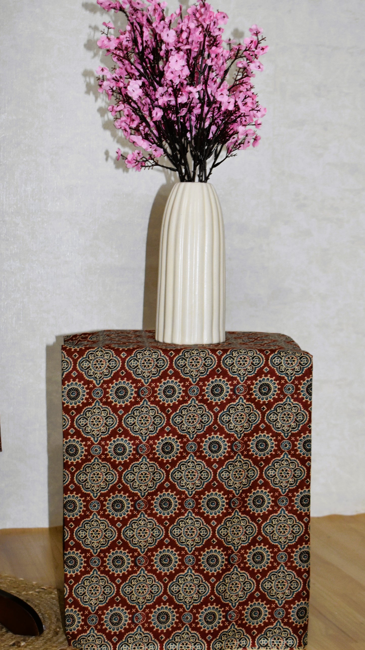Red AJRAK Printed Unstitched Cotton Suit Set with Kota Doria Dupatta