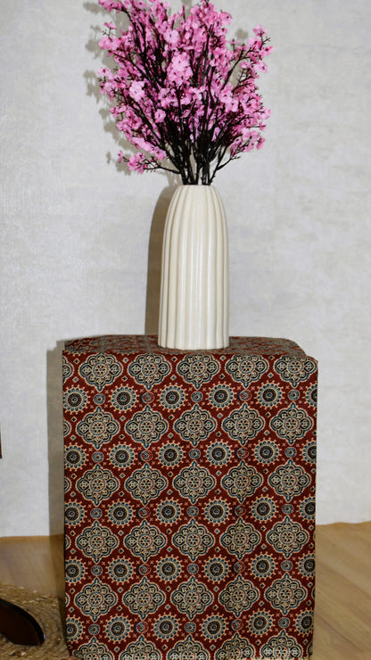 Red AJRAK Printed Unstitched Cotton Suit Set with Kota Doria Dupatta