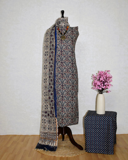 Blue Ojee AJRAK Printed Unstitched Cotton Suit Set with Kota Doria Dupatta