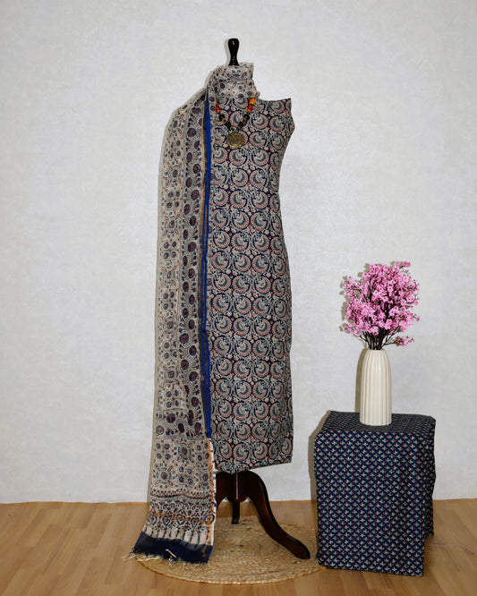 Blue Ojee AJRAK Printed Unstitched Cotton Suit Set with Kota Doria Dupatta