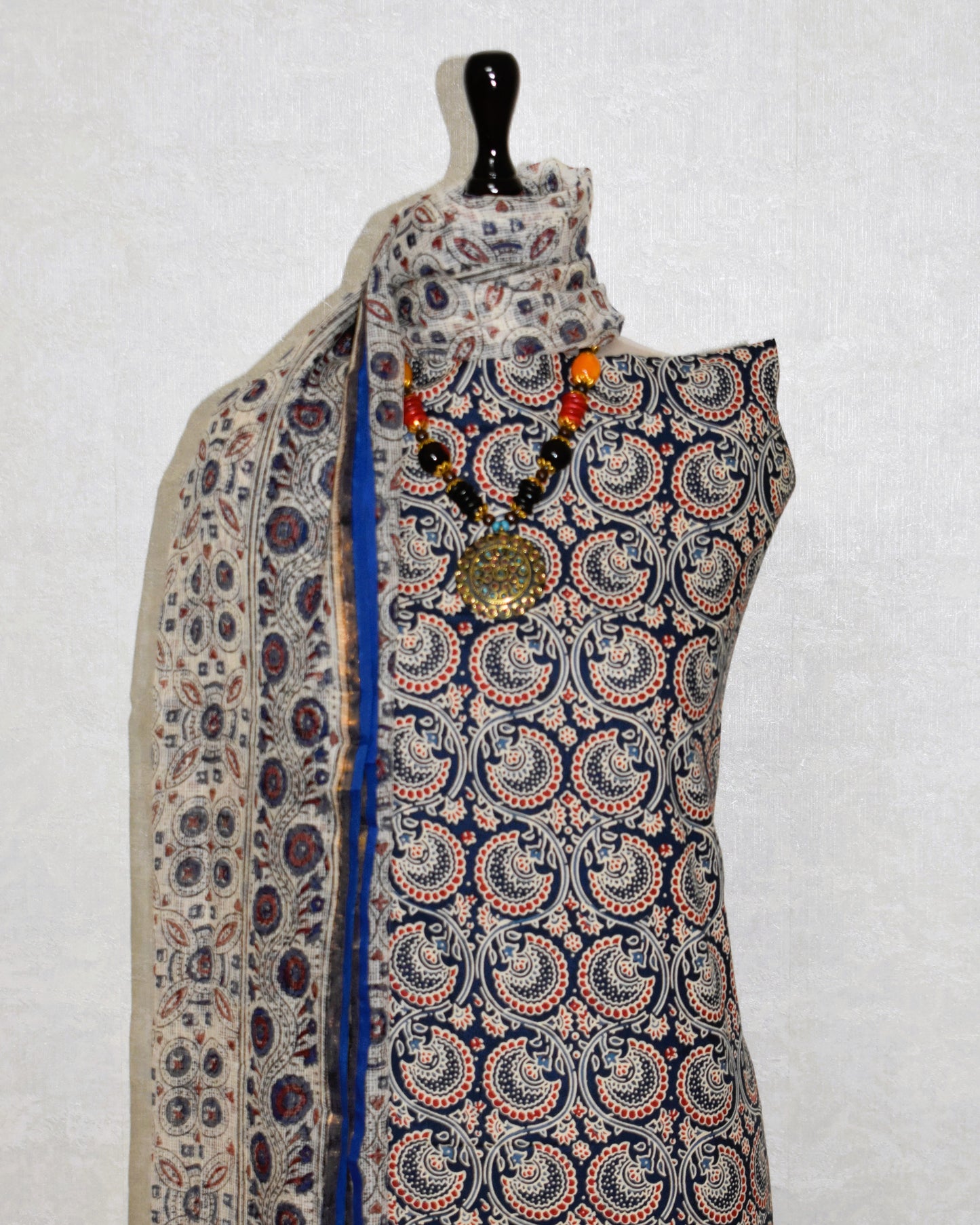 Blue Ojee AJRAK Printed Unstitched Cotton Suit Set with Kota Doria Dupatta