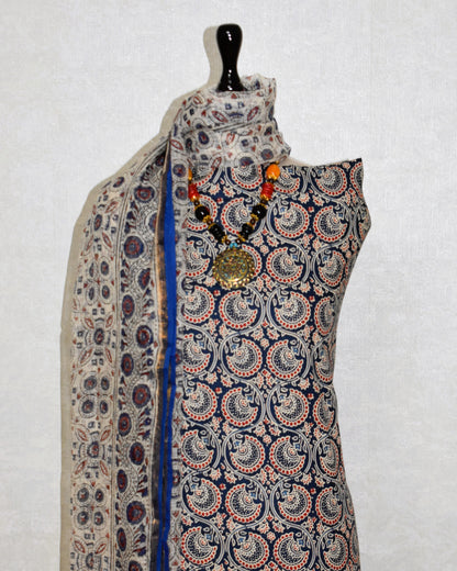 Blue Ojee AJRAK Printed Unstitched Cotton Suit Set with Kota Doria Dupatta