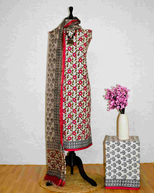 Pink Floral Jaal (BAGRU PRINT) Hand Block Printed Cotton Suit With Kota Doria  Dupatta