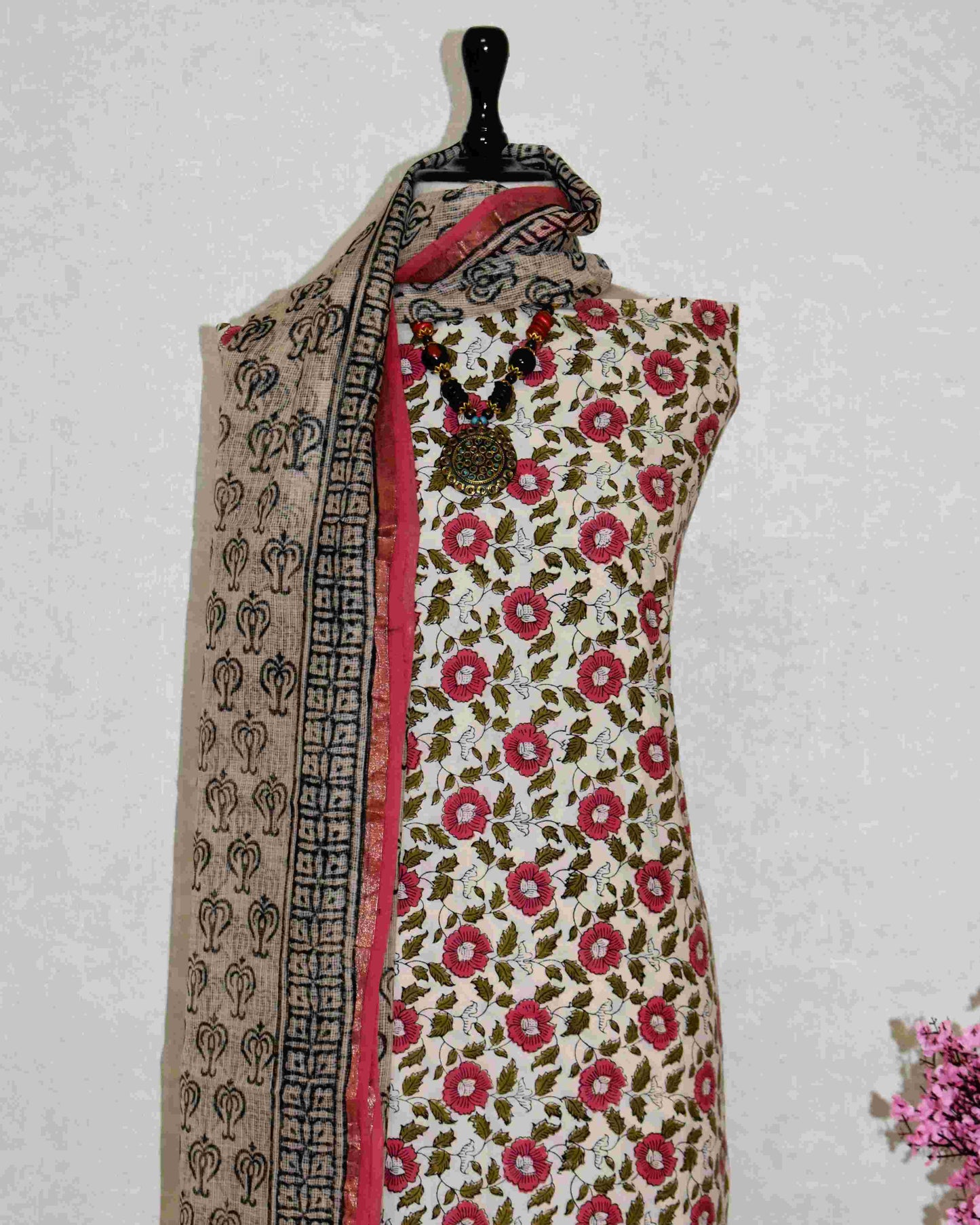 Pink Floral Jaal (BAGRU PRINT) Hand Block Printed Cotton Suit With Kota Doria  Dupatta