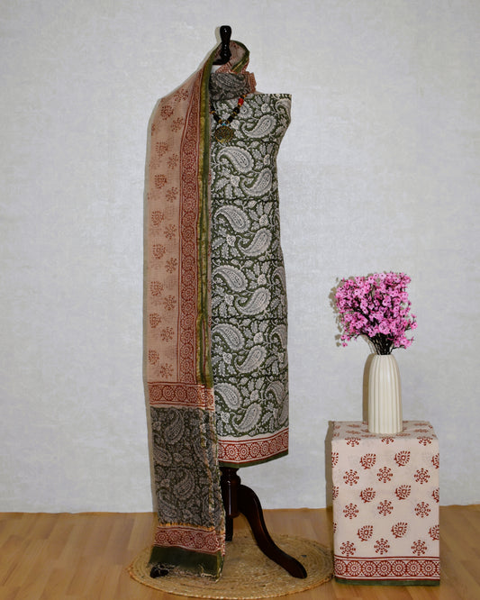 Green Paisley Jaal (BAGRU PRINT) Hand Block Printed Cotton Suit With Kota Doria  Dupatta