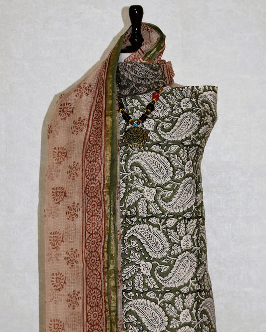 Green Paisley Jaal (BAGRU PRINT) Hand Block Printed Cotton Suit With Kota Doria  Dupatta