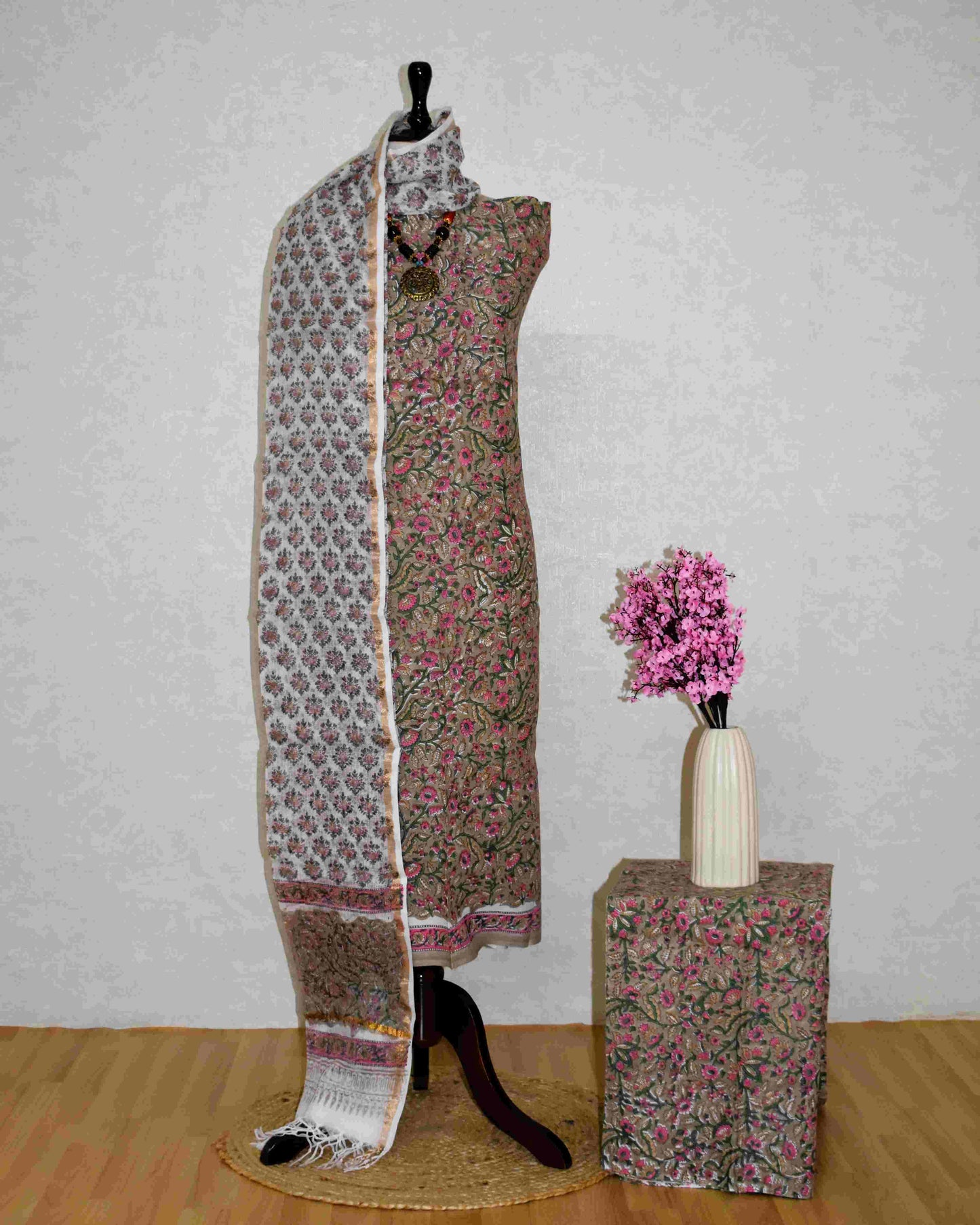 All-over Pink Floral Jaal Hand Block Printed Cotton Suit With Kota Doria  Dupatta