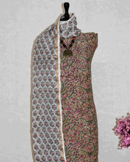 All-over Pink Floral Jaal Hand Block Printed Cotton Suit With Kota Doria  Dupatta
