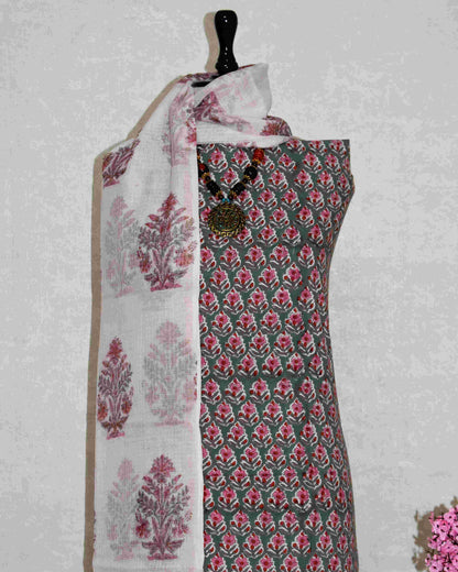 All-over Small Floral Buti Hand Block Printed Cotton Suit With Kota Doria  Dupatta