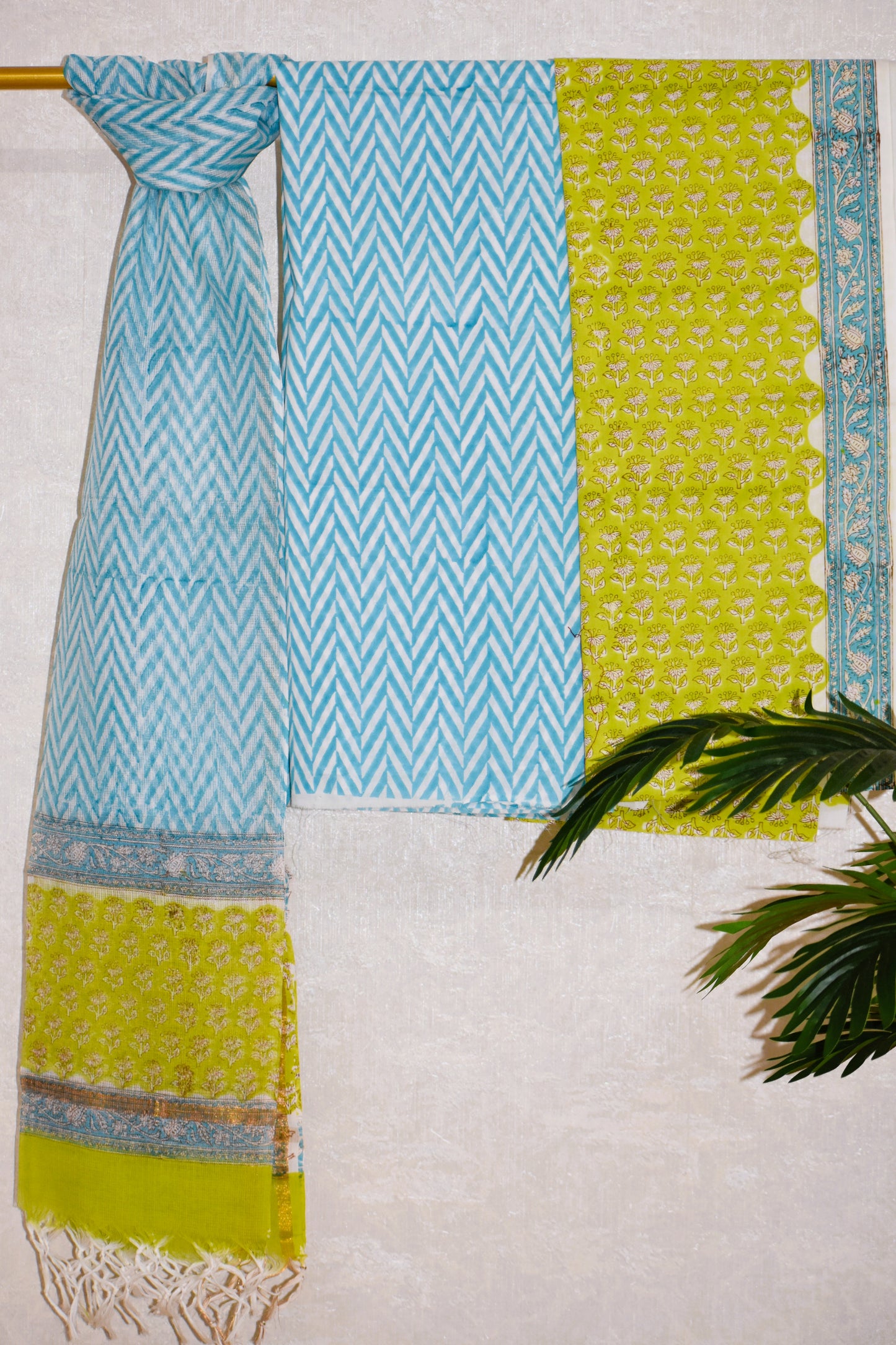 Lime Green Hand Block Printed Cotton Suit With Kota Doria  Dupatta