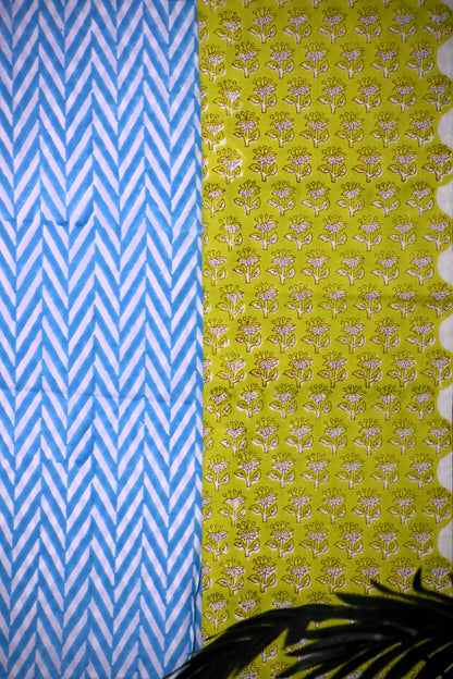 Lime Green Hand Block Printed Cotton Suit With Kota Doria  Dupatta