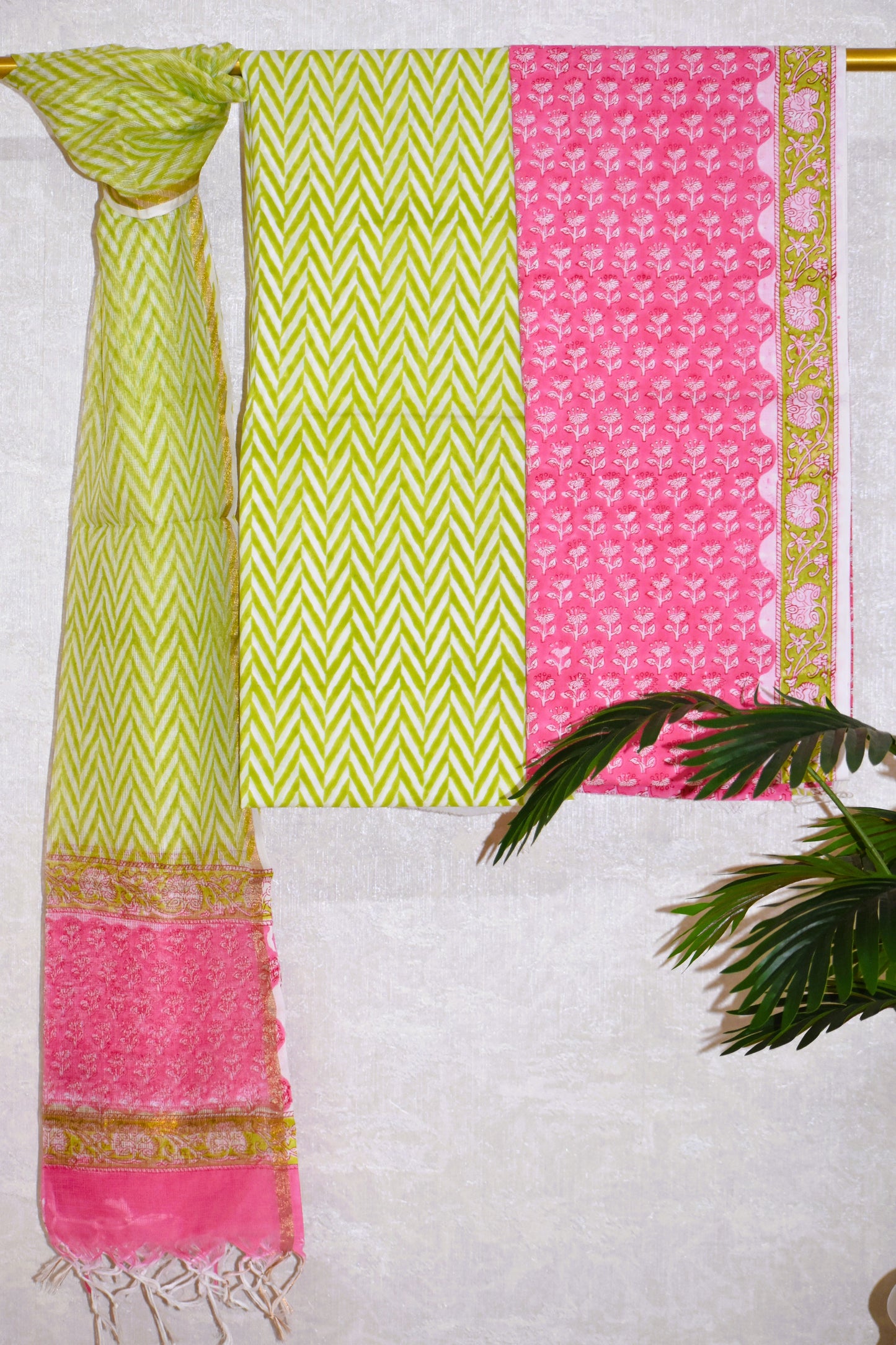 Candy Pink Hand Block Printed Cotton Suit With Kota Doria Dupatta