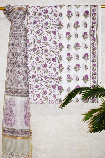 Purple Floral Hand Block Printed Cotton Suit With Kota Doria  Dupatta