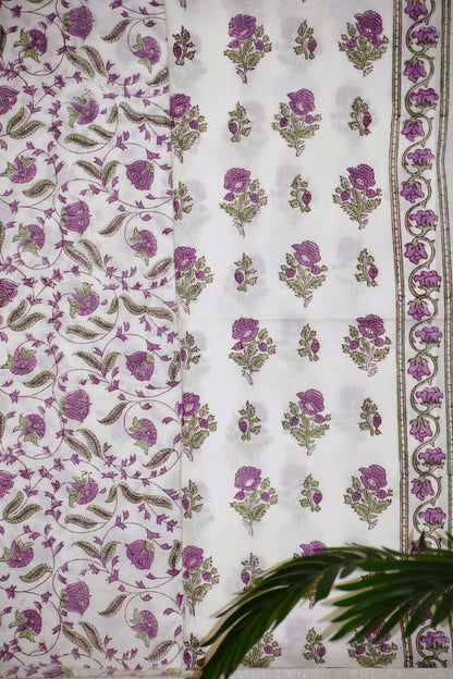 Purple Floral Hand Block Printed Cotton Suit With Kota Doria  Dupatta