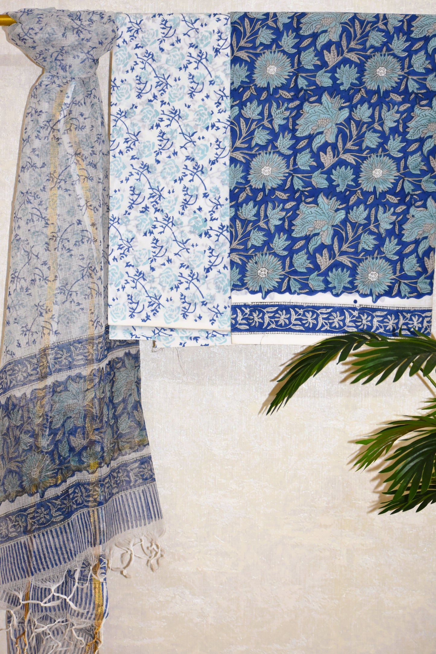 Ink Blue Floral Hand Block Printed Cotton Suit With Kota Doria  Dupatta