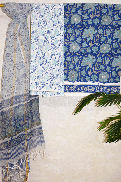 Ink Blue Floral Hand Block Printed Cotton Suit With Kota Doria  Dupatta