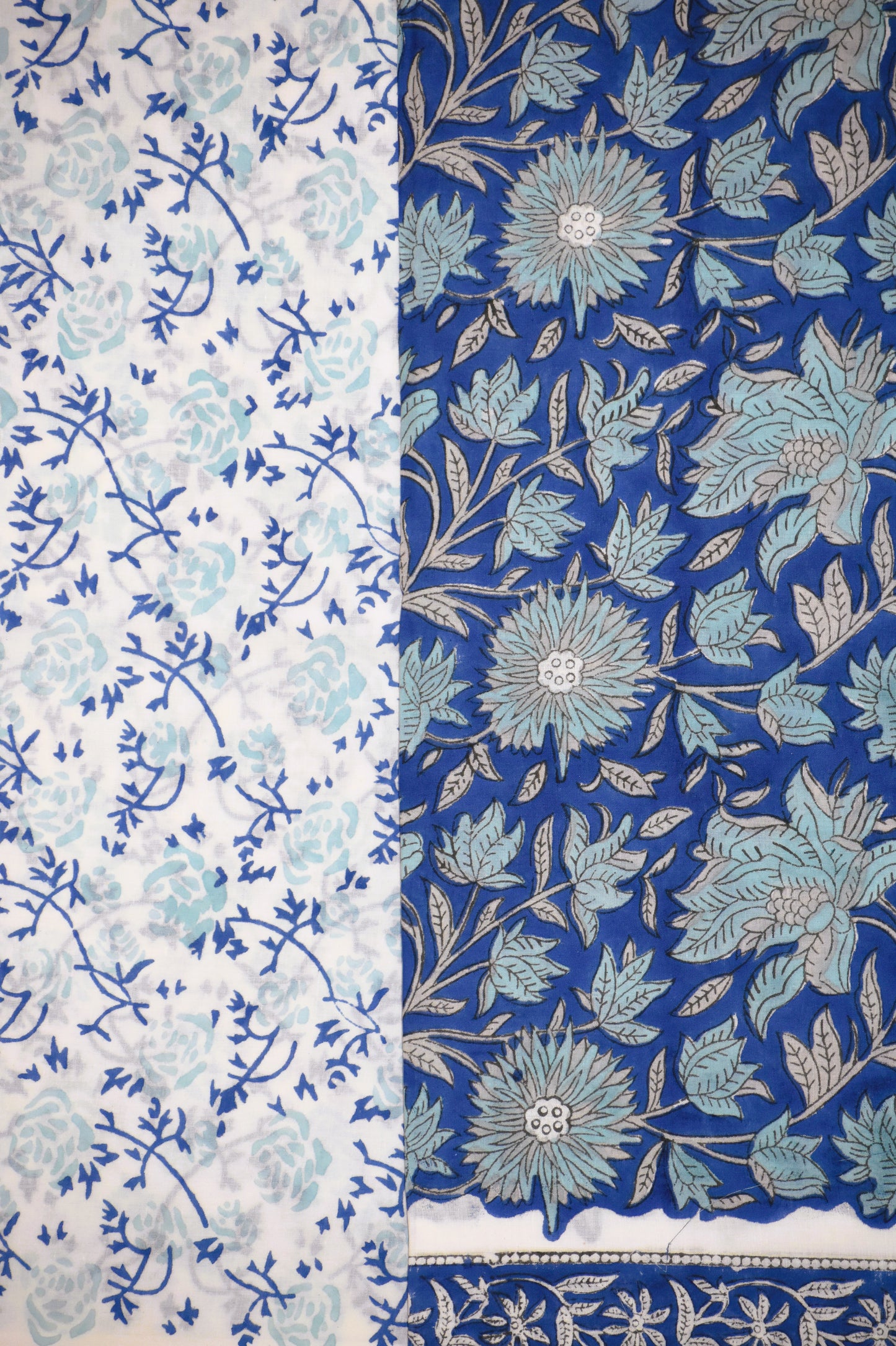 Ink Blue Floral Hand Block Printed Cotton Suit With Kota Doria  Dupatta