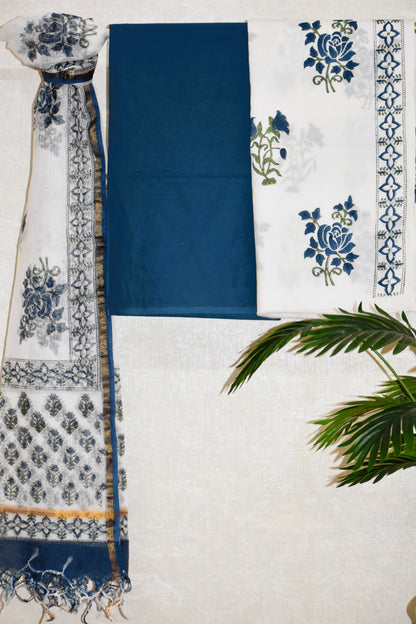 Blue Floral Hand Block Printed Cotton Suit With Kota Doria Dupatta