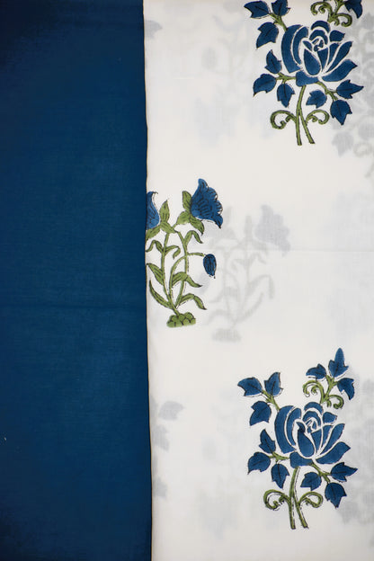 Blue Floral Hand Block Printed Cotton Suit With Kota Doria Dupatta