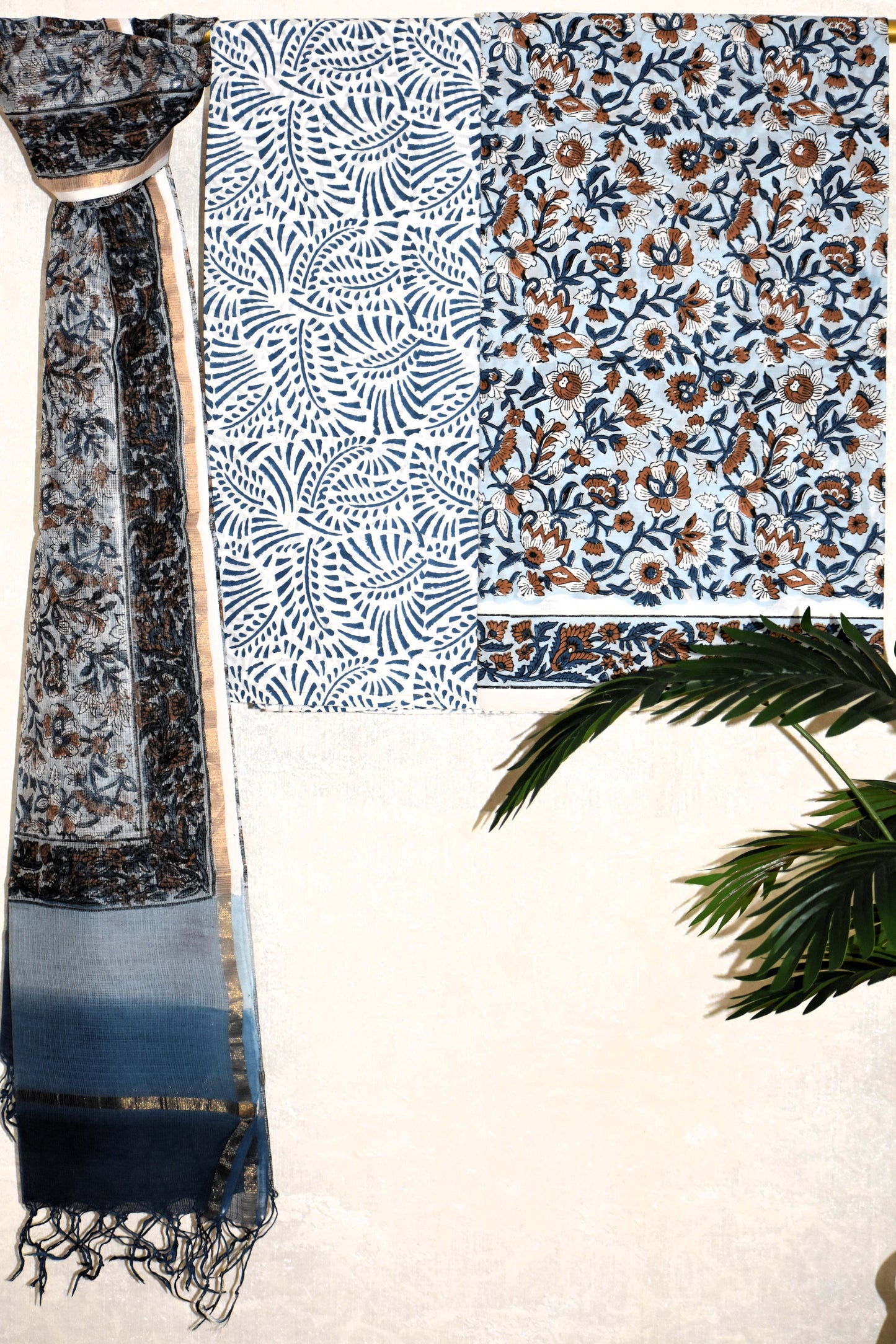 Hand Block Printed Cotton Suit With All-over jaal and Kota Doria Dupatta