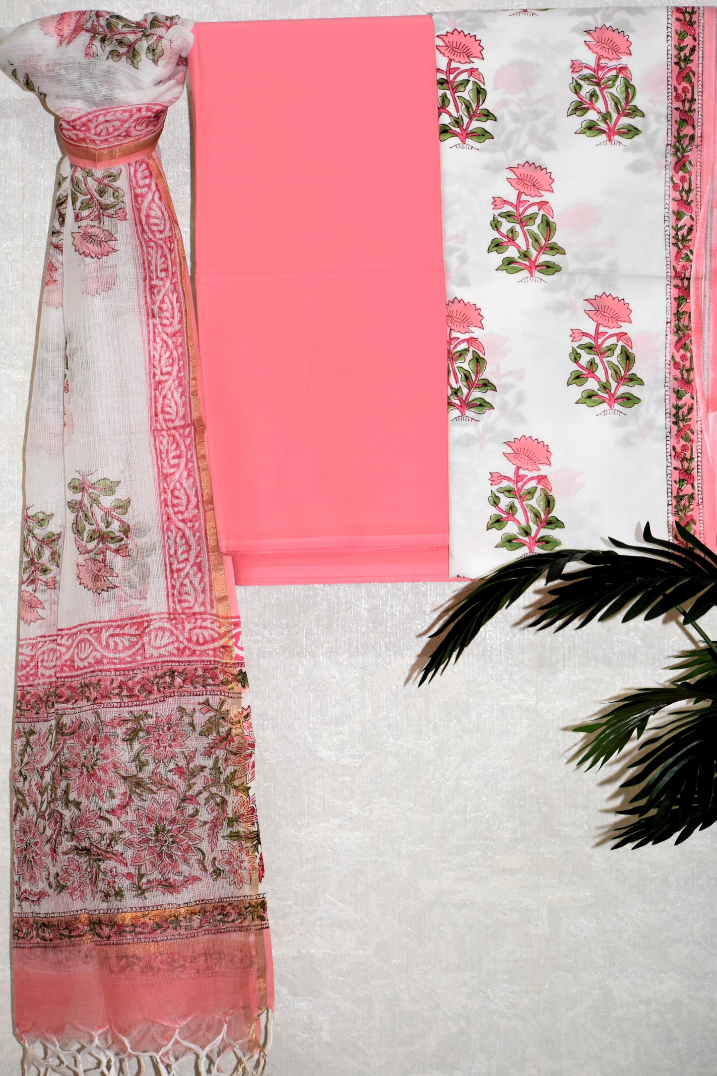 Pink Floral Hand Block Printed Cotton Suit With Kota Doria  Dupatta