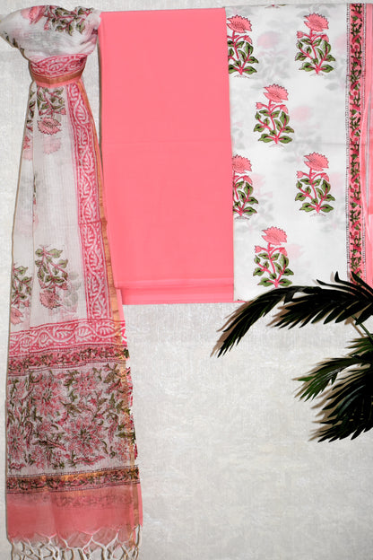 Pink Floral Hand Block Printed Cotton Suit With Kota Doria  Dupatta