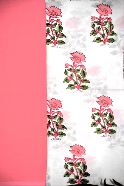 Pink Floral Hand Block Printed Cotton Suit With Kota Doria  Dupatta