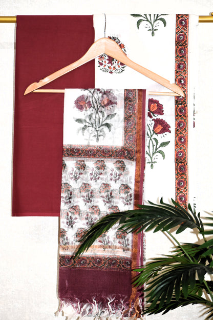 Red Floral Hand Block Printed Cotton Suit With Kota Doria  Dupatta