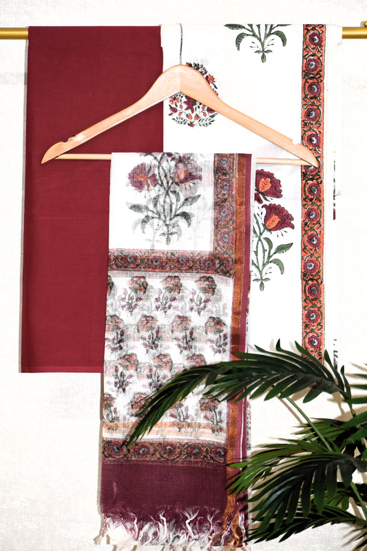 Red Floral Hand Block Printed Cotton Suit With Kota Doria  Dupatta