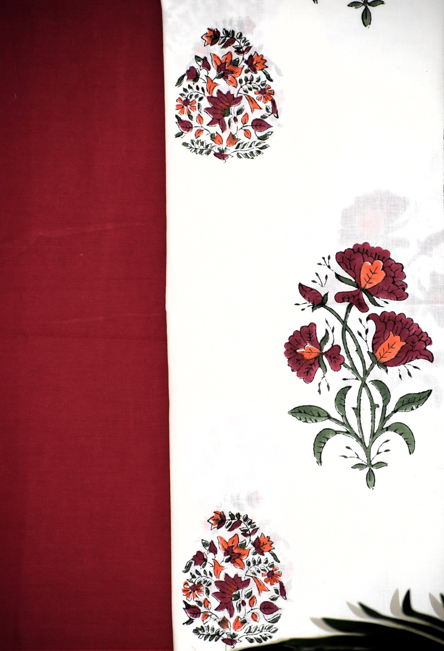 Red Floral Hand Block Printed Cotton Suit With Kota Doria  Dupatta