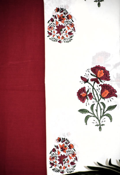 Red Floral Hand Block Printed Cotton Suit With Kota Doria  Dupatta