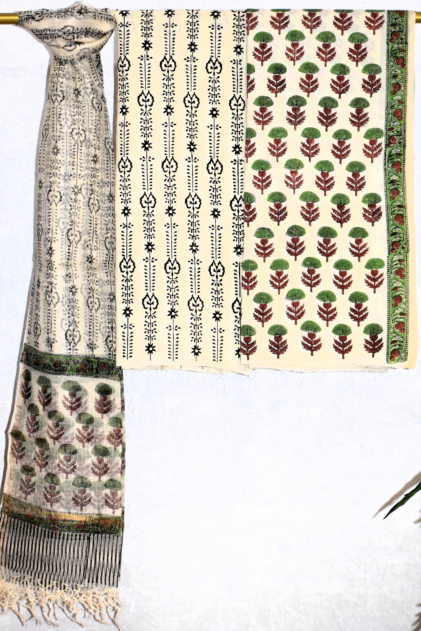 Hand Block Printed Cotton Suit With All-over Buti and Kota Doria Dupatta