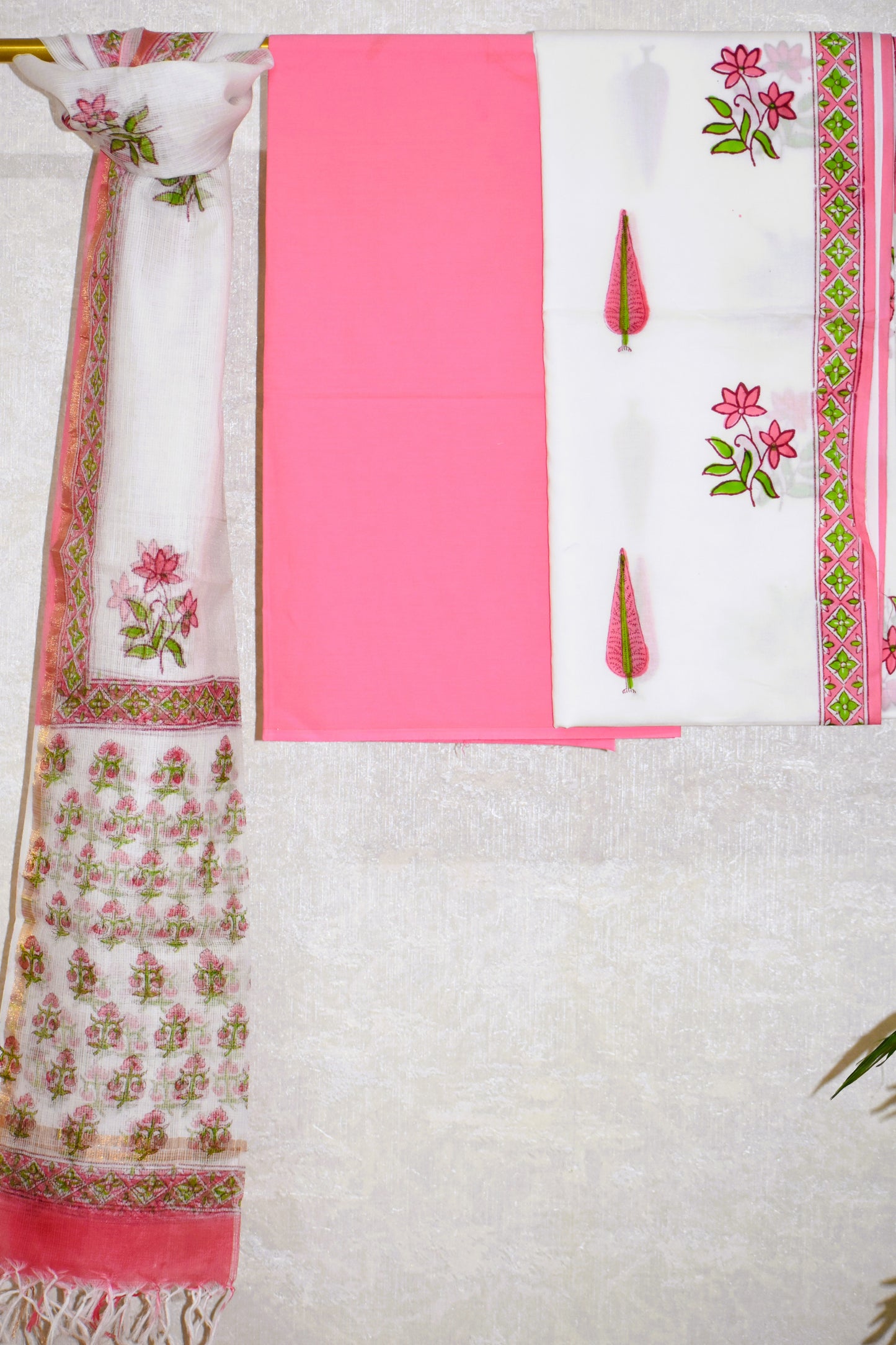 Hand Block Printed Cotton Suit With Buti and Kota Doria Dupatta