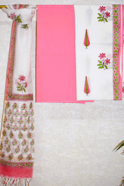 Hand Block Printed Cotton Suit With Buti and Kota Doria Dupatta