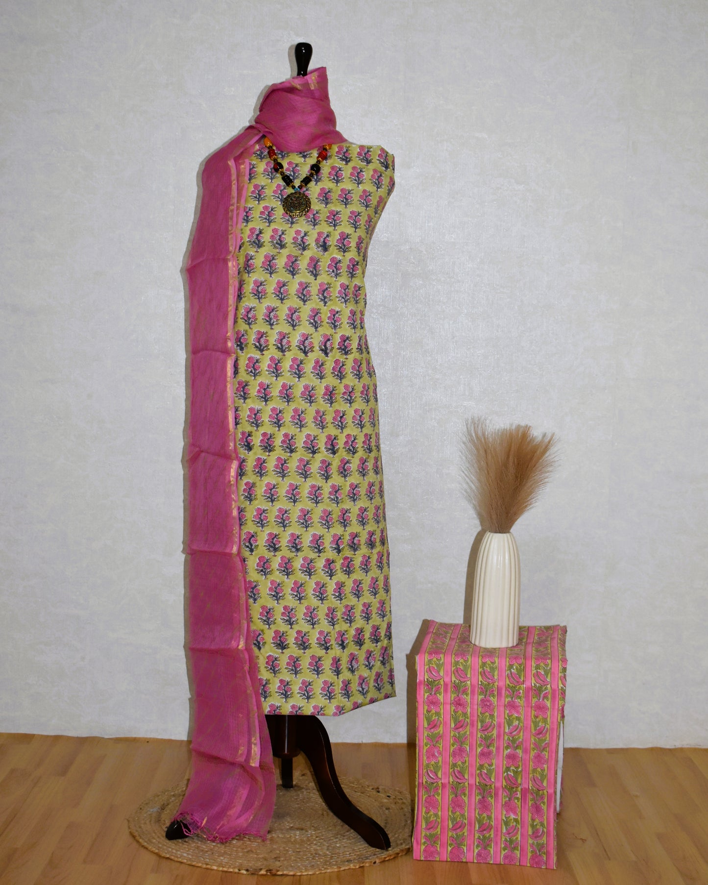 Lime Green Hand Block Printed Cotton Suit with Kota Doria Lehriya Dupatta