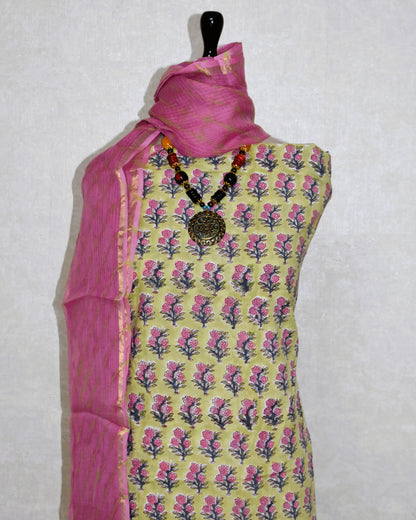 Lime Green Hand Block Printed Cotton Suit with Kota Doria Lehriya Dupatta