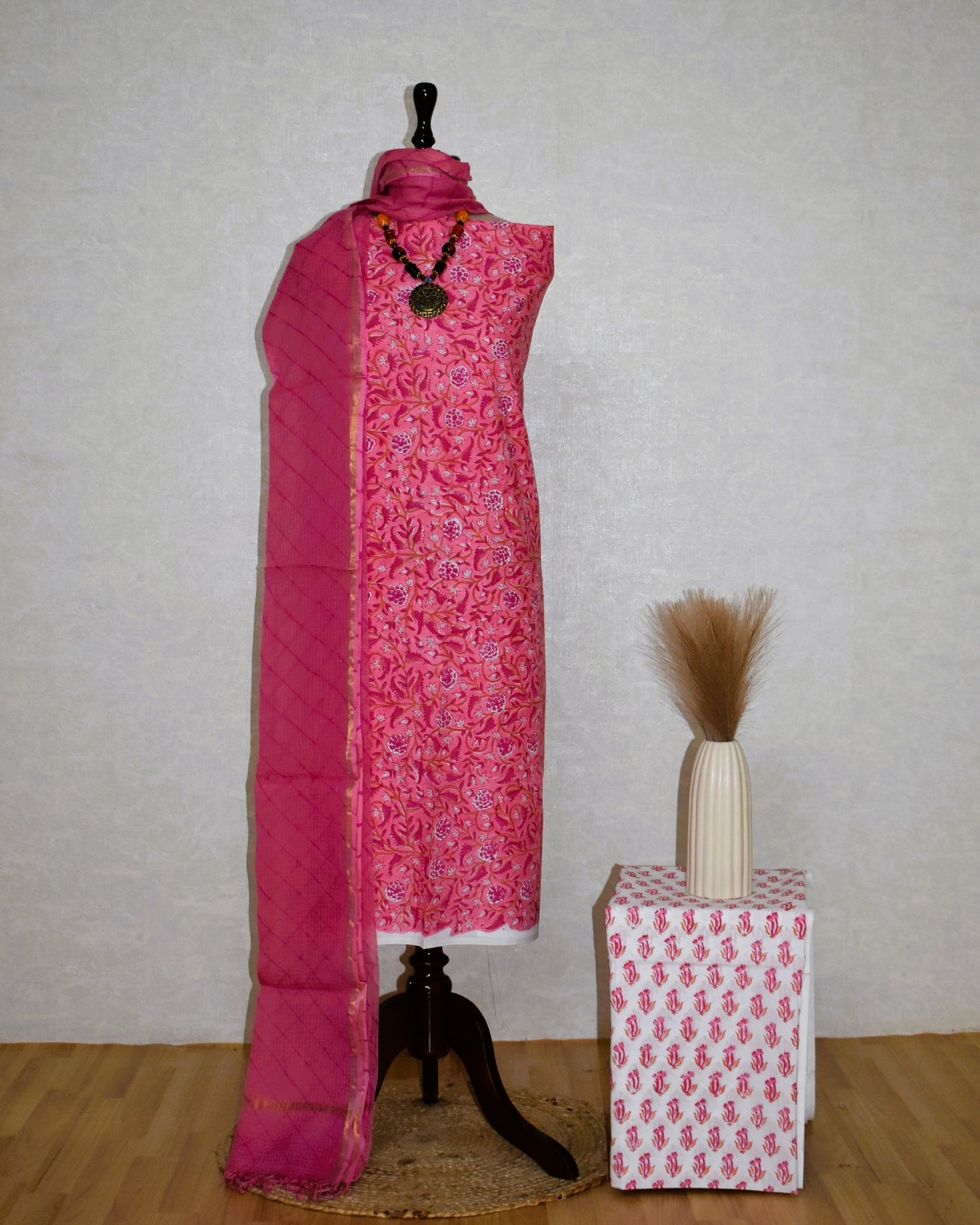 Pink All-over Floral Hand Block Printed Cotton Suit with Kota Doria Lehriya Dupatta