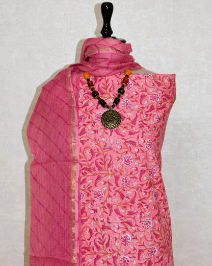 Pink All-over Floral Hand Block Printed Cotton Suit with Kota Doria Lehriya Dupatta