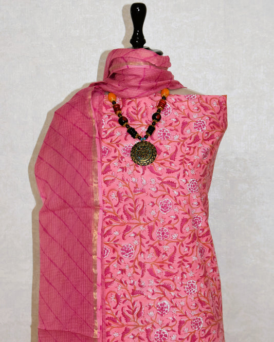 Pink All-over Floral Hand Block Printed Cotton Suit with Kota Doria Lehriya Dupatta