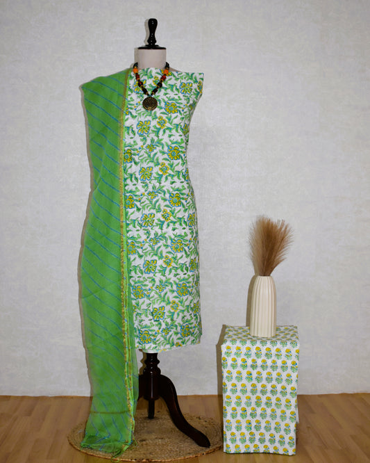 Green Floral Hand Block Printed Cotton Suit with Kota Doria Lehriya Dupatta