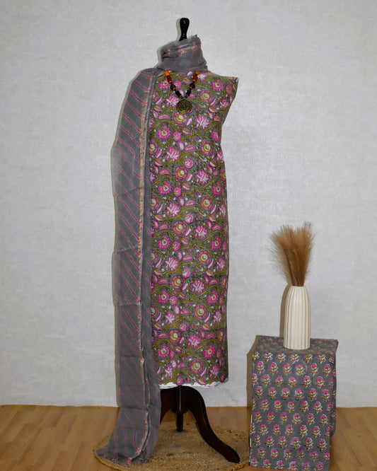Ash Grey Floral Hand Block Printed Cotton Suit with Kota Doria Lehriya Dupatta