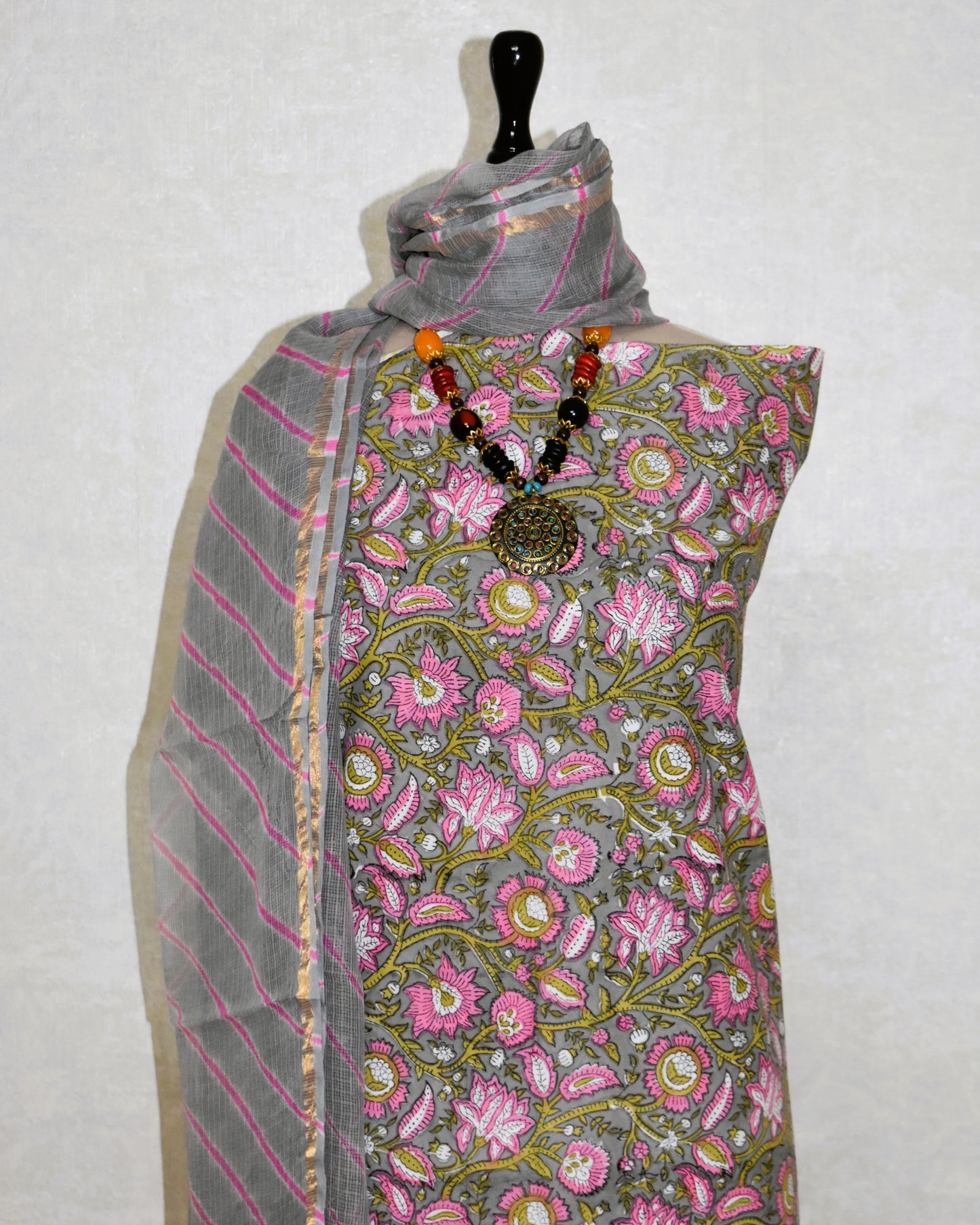 Ash Grey Floral Hand Block Printed Cotton Suit with Kota Doria Lehriya Dupatta