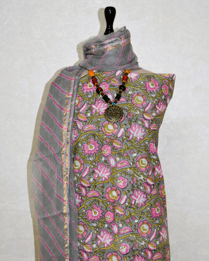 Ash Grey Floral Hand Block Printed Cotton Suit with Kota Doria Lehriya Dupatta