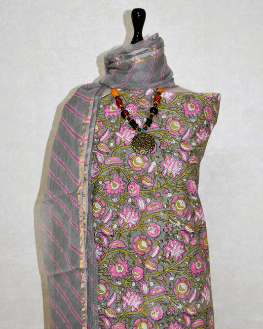 Ash Grey Floral Hand Block Printed Cotton Suit with Kota Doria Lehriya Dupatta