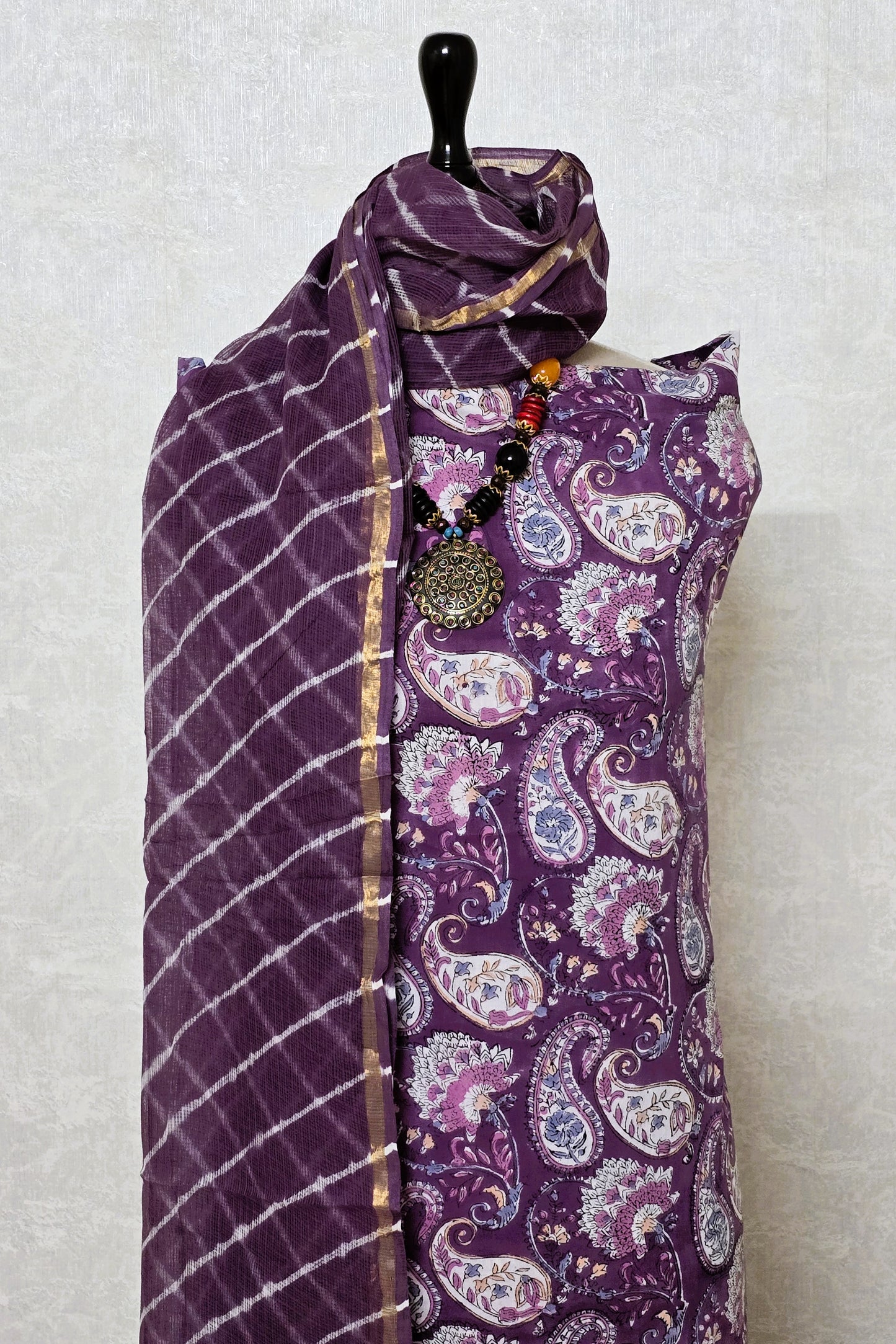 Purple Paisley Hand Block Printed Cotton Suit with Kota Doria Lehriya Dupatta