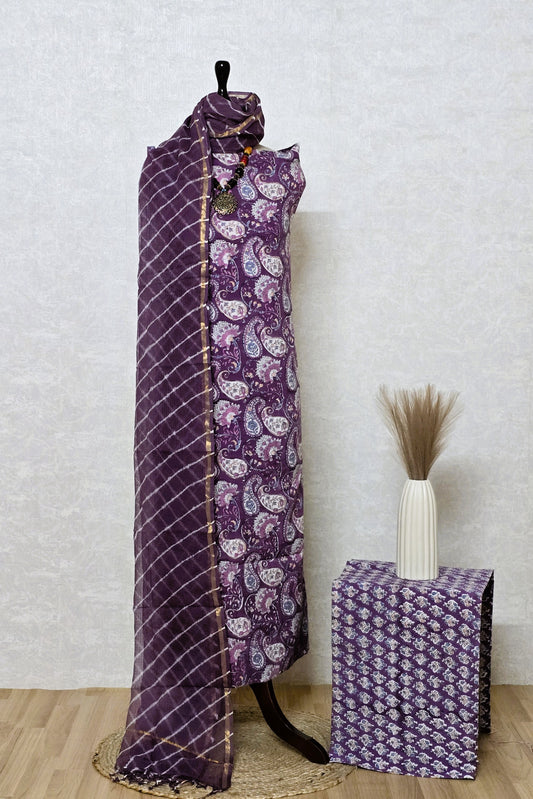 Purple Paisley Hand Block Printed Cotton Suit with Kota Doria Lehriya Dupatta